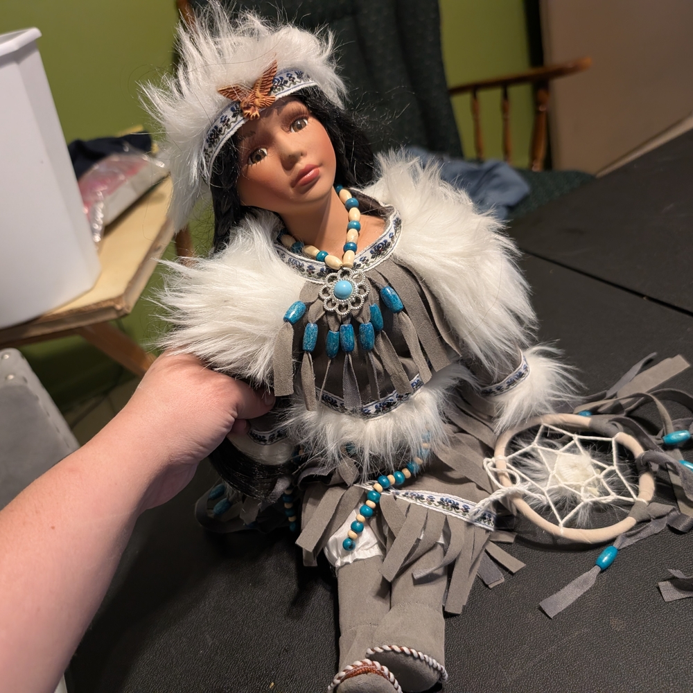 Native American-Inspired Doll with Gray and White Outfit